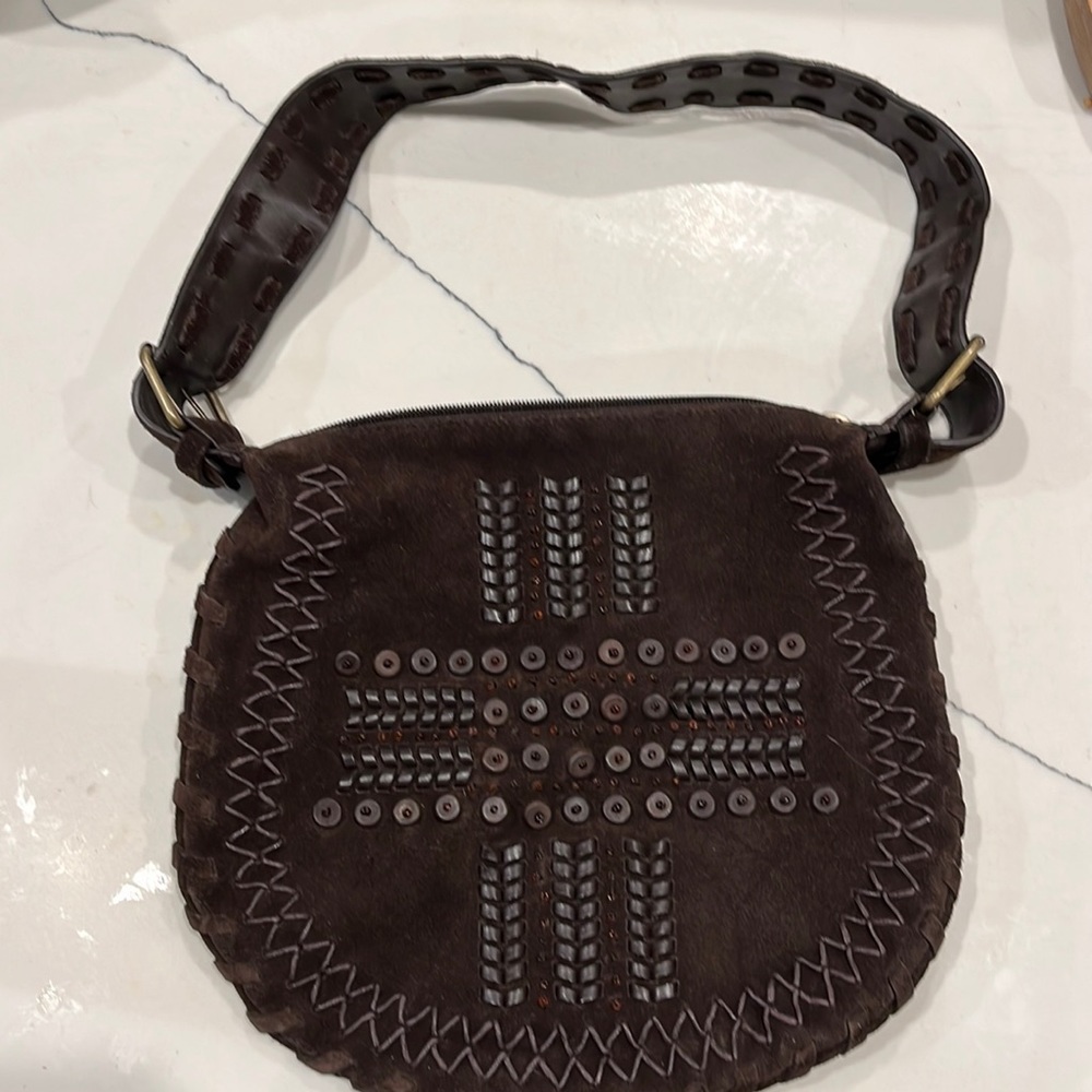 Express Boho Embellished Suede Leather Brown Bag- zipper pull missing.